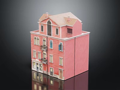 Detailed Pink Multi Story Building Model With Windows Balconies And Roof 3d model