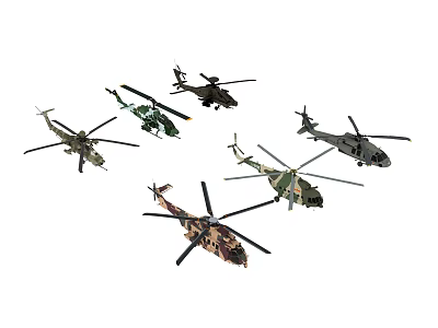 Various Military Helicopters Displaying Multiple Models And Diverse Camouflage Patterns 3d model