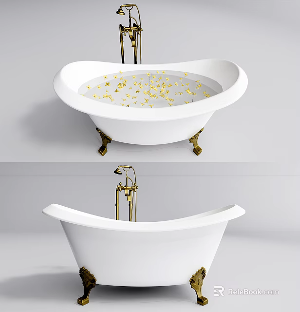 Luxurious White Bathtub Interior Design With Golden Hardware And Decorative Elements 3d model 