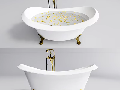 Luxurious White Bathtub Interior Design With Golden Hardware And Decorative Elements 3d model