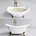 Luxurious White Bathtub Interior Design With Golden Hardware And Decorative Elements