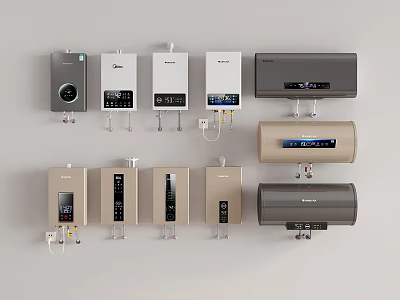 Modern Wall Mounted Water Heaters With Various Designs And Control Panels 3d model