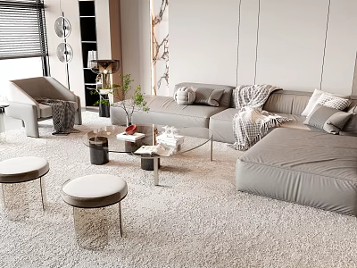Modern Gray Sectional Sofa And Glass Coffee Table Set With Pillows Throw Blanket Ottomans And Plants 3d model