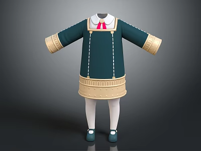 Children's Green Dress with White Collar Red Bow Tie Beige Cuffs Hem Stitched Details 3d model