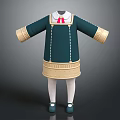 Children's Green Dress with White Collar Red Bow Tie Beige Cuffs Hem Stitched Details
