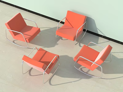 Four Orange Lounge Chairs With Metal Frames On Light Colored Floor And Light Wall 3d model