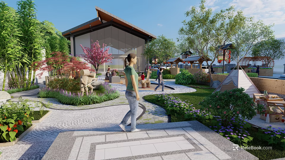 Scenic Wall In Modern Courtyard With Traditional Roof Green Plants And People Walking 3d model 