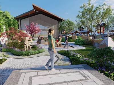 Scenic Wall In Modern Courtyard With Traditional Roof Green Plants And People Walking 3d model