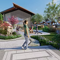 Scenic Wall In Modern Courtyard With Traditional Roof Green Plants And People Walking