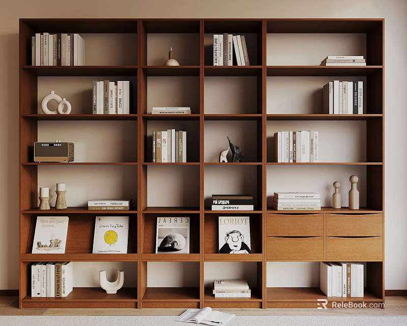 Wooden Bookshelf With Multi Tier Design Featuring Books Decorative Items And Photo Frames 3d model 