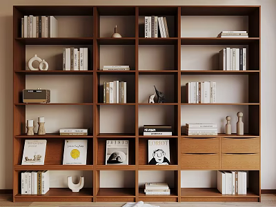 Wooden Bookshelf With Multi Tier Design Featuring Books Decorative Items And Photo Frames 3d model