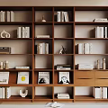 Wooden Bookshelf With Multi Tier Design Featuring Books Decorative Items And Photo Frames