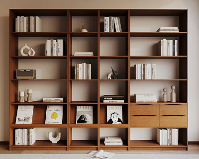 Wooden Bookshelf With Multi Tier Design Featuring Books Decorative Items And Photo Frames 3d model