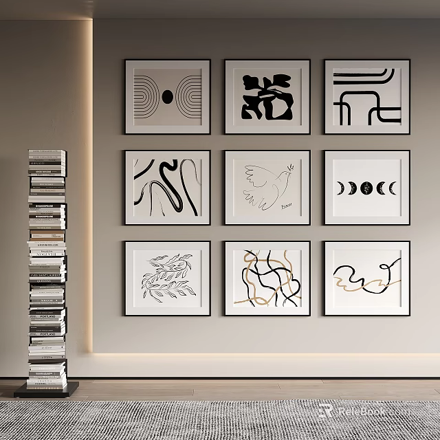 Wall Art Decor With Abstract Paintings And Stacked Books 3d model