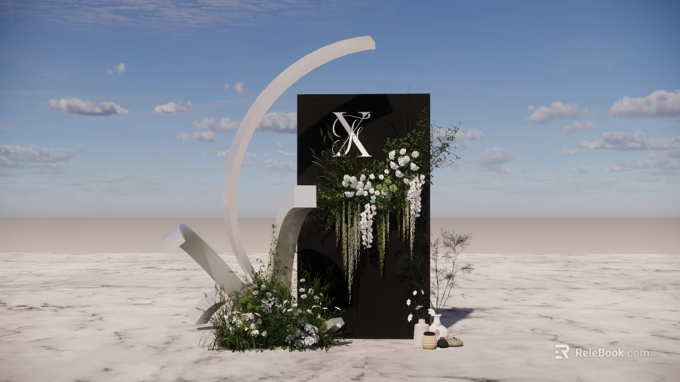 Modern Wedding Decor With Black Backdrop White Flowers Arched Structure And Sandy Ground 3d model