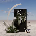Modern Wedding Decor With Black Backdrop White Flowers Arched Structure And Sandy Ground 3d model