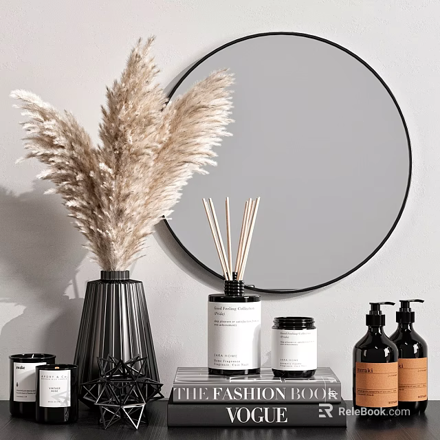 Decorative Accessories Set With Pampas Grass Black Vase Circular Mirror Reed Diffuser And Scented Jars 3d model 