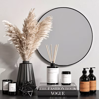 Decorative Accessories Set With Pampas Grass Black Vase Circular Mirror Reed Diffuser And Scented Jars 3d model