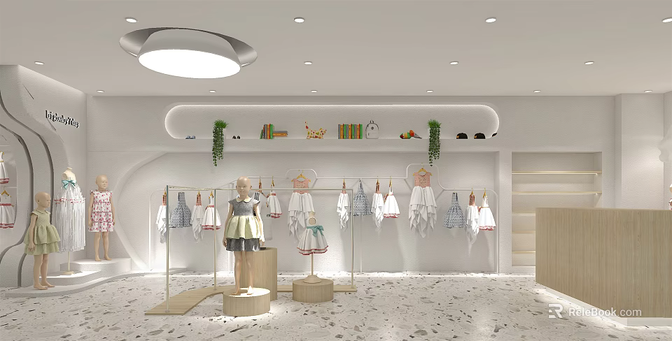 Modern Children's Clothing Store Interior With Dresses Shirts And Green Plant Decor 3d model 