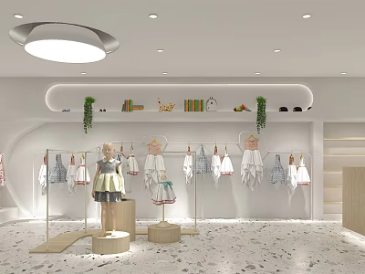 Modern Children's Clothing Store Interior With Dresses Shirts And Green Plant Decor 3d model