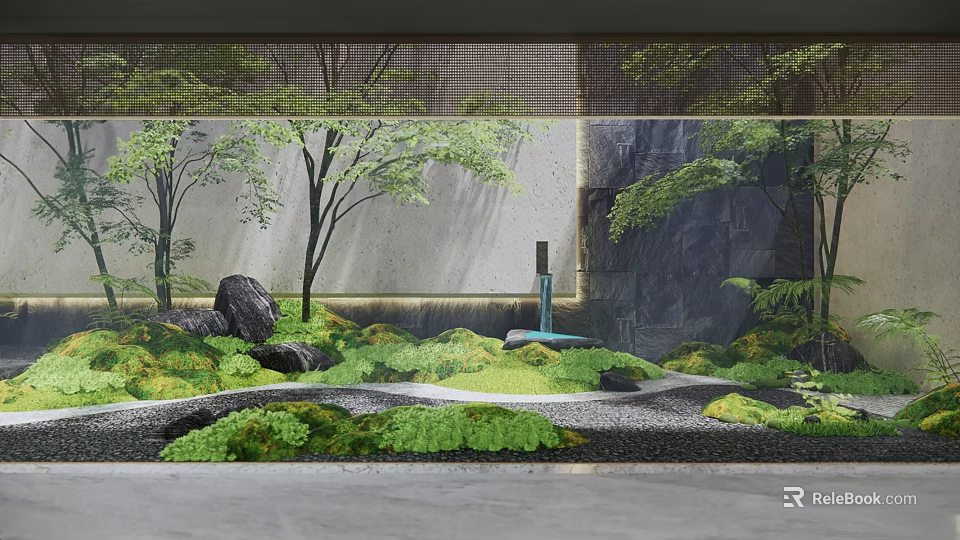Japanese Courtyard Garden With Stone Rocks Green Trees And Water Fountain Pathway 3d model 