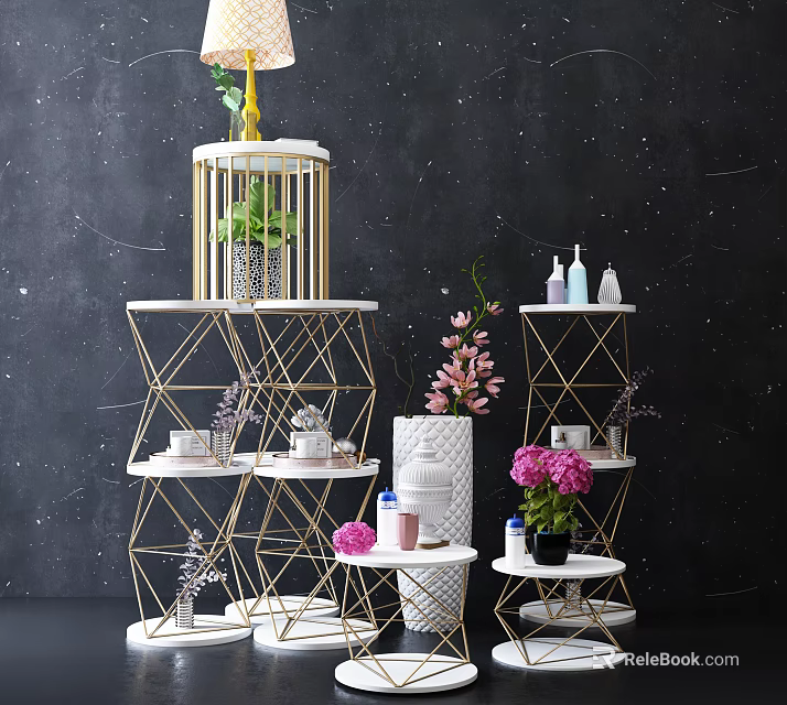 Golden Geometric Display Shelves Multi Tiered With Green Plants Pink Flowers And Vases 3d model 