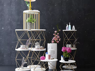 Golden Geometric Display Shelves Multi Tiered With Green Plants Pink Flowers And Vases 3d model