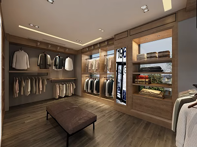 Modern Boutique Clothing Store Interior With Wooden Shelves Hanging Clothes And Brown Bench 3d model