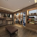 Modern Boutique Clothing Store Interior With Wooden Shelves Hanging Clothes And Brown Bench