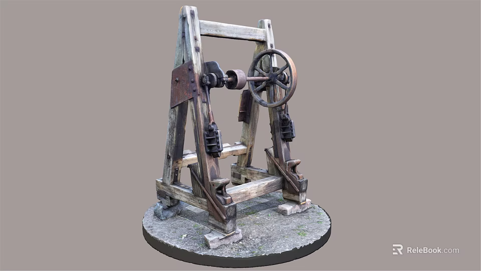 Vintage Industrial Equipment With Wooden Frame Metal Wheel And Mechanical Base Structure 3d model 