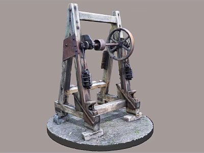 Vintage Industrial Equipment With Wooden Frame Metal Wheel And Mechanical Base Structure 3d model