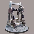 Vintage Industrial Equipment With Wooden Frame Metal Wheel And Mechanical Base Structure