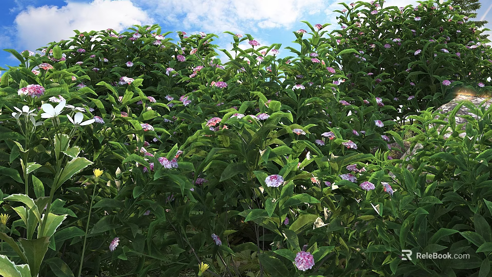 Lush Green Shrubs With Pink Flowers And Fresh Green Leaves Under Blue Sky 3d model 
