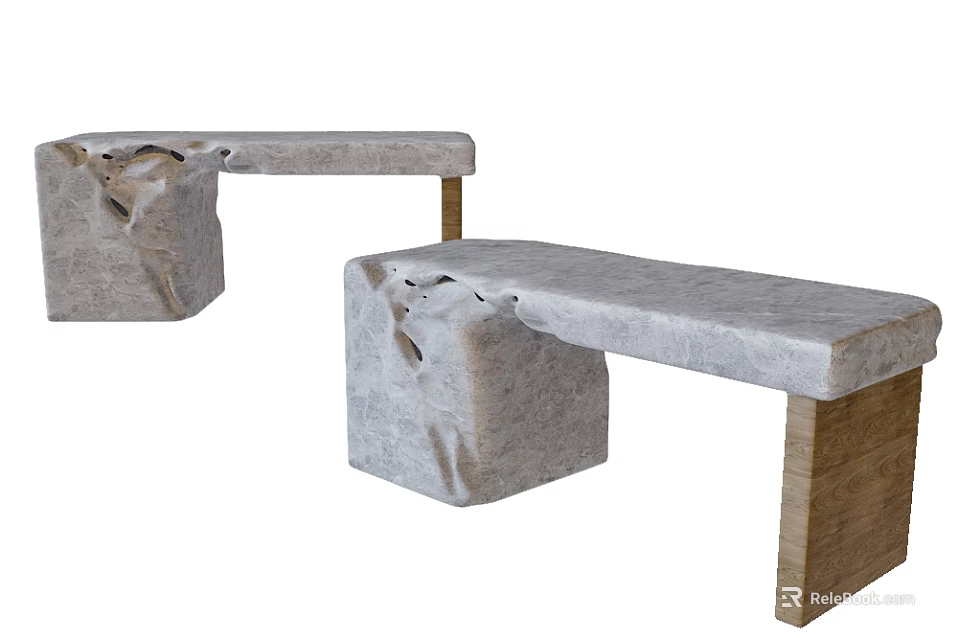 Modern Stools with Natural Stone Seat and Wooden Legs Set of Two Minimalist Design 3d model 