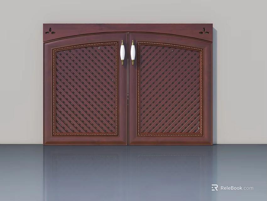 Brown Wooden Double Swing Doors With Lattice Pattern And Metal Handles 3d model 