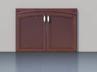 Brown Wooden Double Swing Doors With Lattice Pattern And Metal Handles 3d model