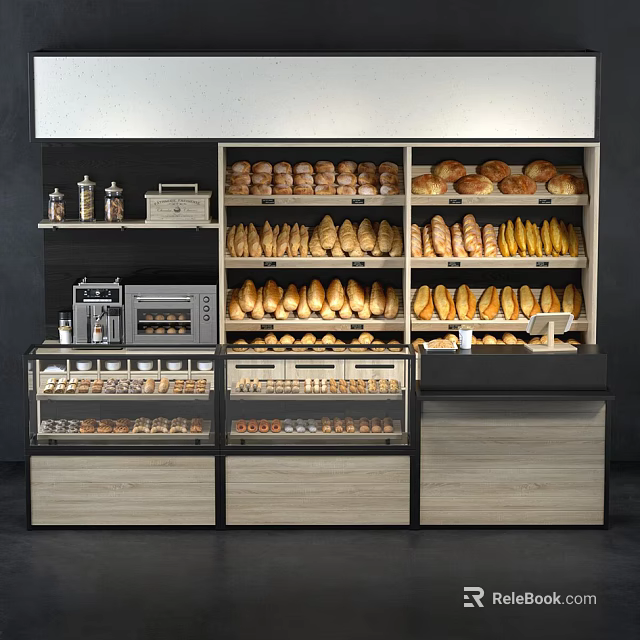Bakery Display Shelves With Wooden Counter And Glass Door Cabinets For Various Bread Loaves 3d model 