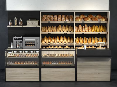 Bakery Display Shelves With Wooden Counter And Glass Door Cabinets For Various Bread Loaves 3d model