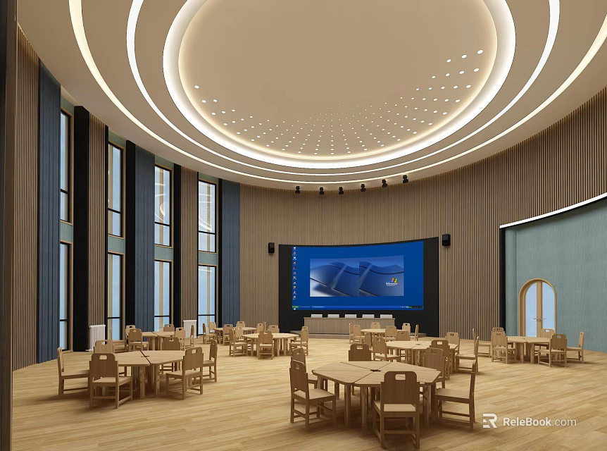 Kindergarten Classroom Interior With Circular Ceiling Wooden Tables Chairs Large Screen And Bright Windows 3d model 