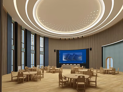 Kindergarten Classroom Interior With Circular Ceiling Wooden Tables Chairs Large Screen And Bright Windows 3d model