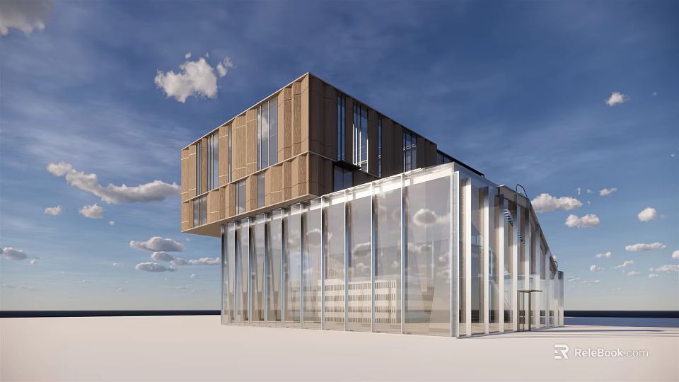 Modern Commercial Complex Architecture With Glass Curtain Walls And Wooden Elements 3d model 