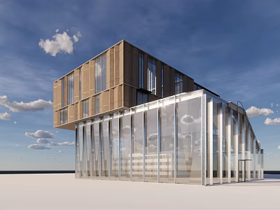 Modern Commercial Complex Architecture With Glass Curtain Walls And Wooden Elements 3d model