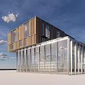 Modern Commercial Complex Architecture With Glass Curtain Walls And Wooden Elements