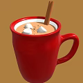 Creamy Hot Cocoa Drink with Marshmallows Cocoa Sprinkles and Cinnamon Stick in Red Mug