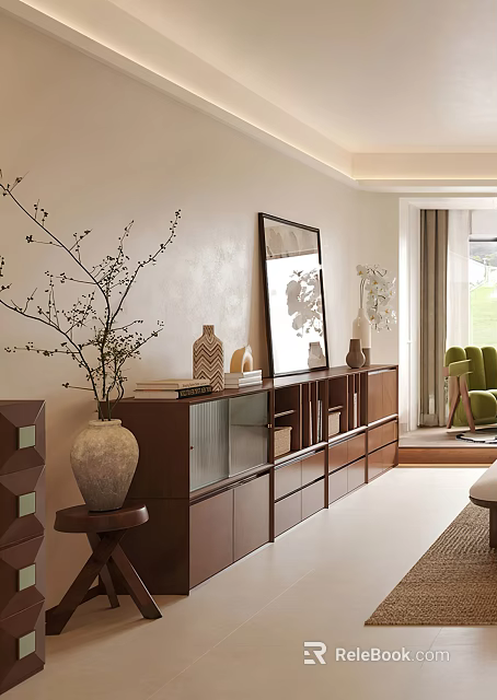 Modern Wooden TV Stand With Glass Doors Drawers And Decorations In Living Room 3d model 