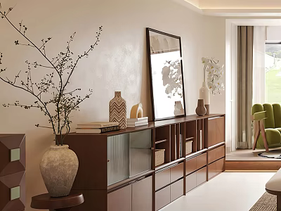Modern Wooden TV Stand With Glass Doors Drawers And Decorations In Living Room 3d model