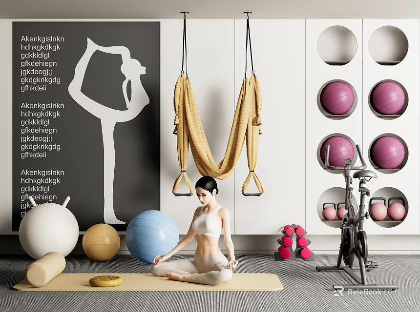 Sports Equipment Setup With Yoga Hammock Colored Exercise Balls Yoga Mat And Stationary Bike 3d model 