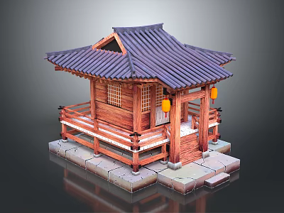 Cartoon Traditional Wooden Pavilion Scene With Curved Tile Roof Red Lanterns And Stone Base 3d model
