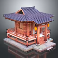Cartoon Traditional Wooden Pavilion Scene With Curved Tile Roof Red Lanterns And Stone Base
