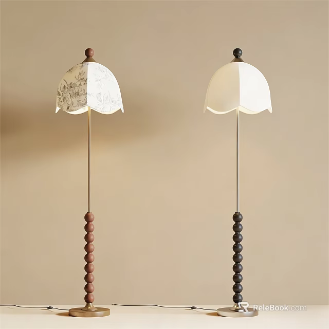 Two Modern Floor Lamps With Beaded Poles And White Scalloped Shades 3d model 